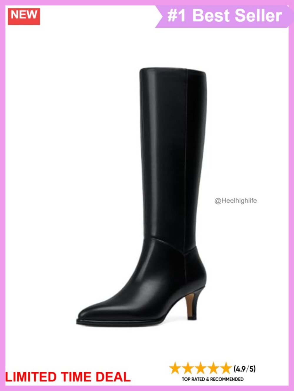Knee High Boots Kitten Heel Pointed Toe Faux Leather Side Zip